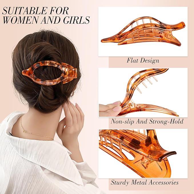 Obeoby 8 Pcs Flat Hair Clips for Women, 4 Types French Flat Claw Clips Hair Accessories Barrettes Large Medium (Tortoiseshell)