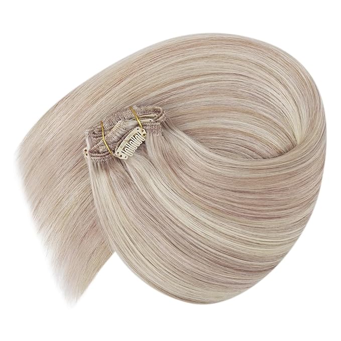 Ve Sunny Real Hair Extensions Clip in Human Hair Ash Blonde Highlight Bleach Blonde Real Human Hair Extensions Clip ins Long Straight Remy Hair Extensions Full Headed 22inch 120g 7pcs
