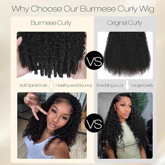 Burmese Curly Human Hair Wig with Spiral End 200% Density 360 Full HD Lace Front Wigs Human Hair Water Wave Wigs for Women 34Inch Pre Plucked with Baby Hair Tiny Knots Natural Black