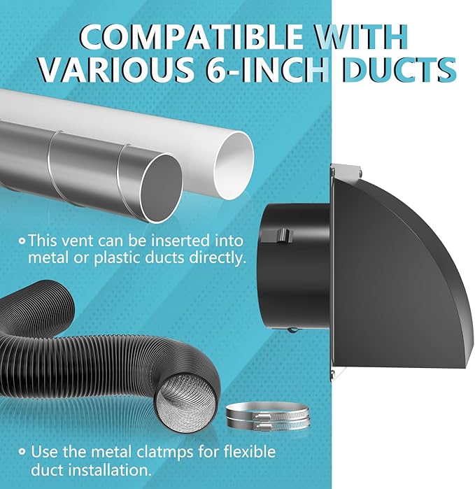 5 Inch Dryer Wall Vent Cover, HG Power Metal Wall Vent Cap Outside with Removable Screen & Cushioned Non-Return Flap for Home Wall, Air Condition, Range Hoods, Kitchen (Black)