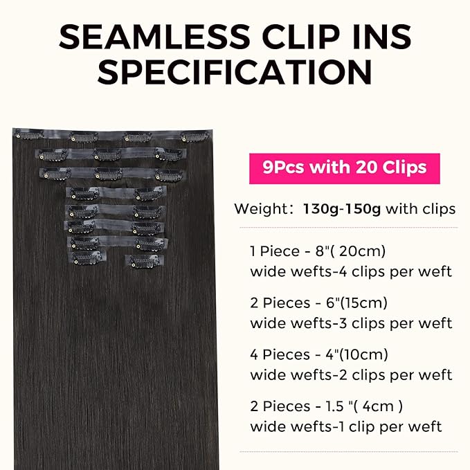 Lashey Seamless Clip in Hair Extensions Human Hair 150g 9pcs Light Yaki Straight Natural Black Real Human Hair Clip ins for Women 24 Inch