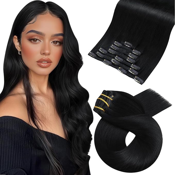 Moresoo Jet Black Clip in Hair Extensions Human Hair Black Hair Extensions Clip in Straight Remy Human Hair Double Weft 120g 22 Inch