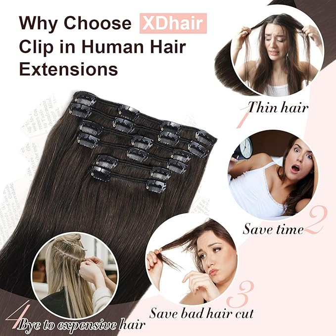 XDhair Clip in Hair Extensions Real Human Hair 14 Inch 100g 6pcs Human Hair Extensions Clip Ins for Women Natural Black #1B