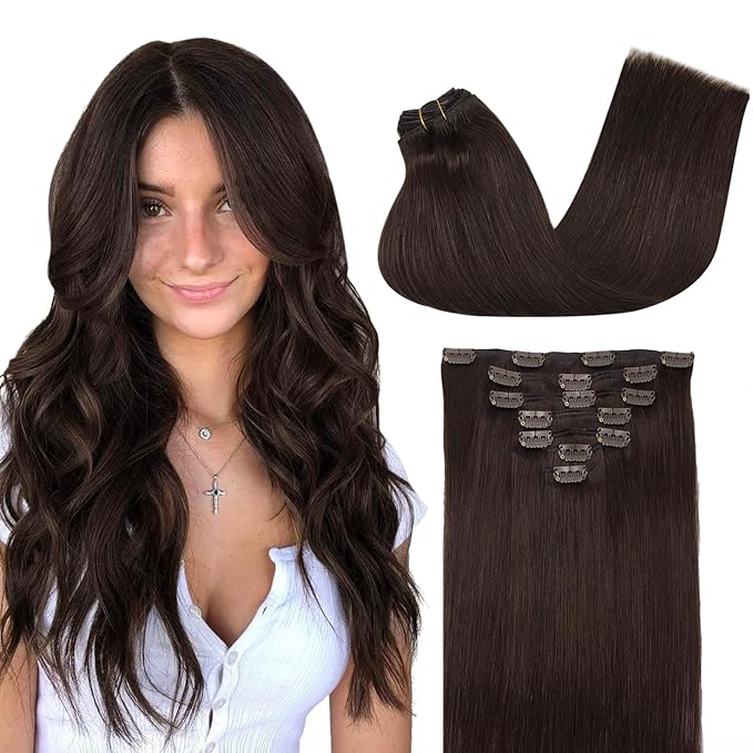 GOO GOO Clip in Hair Extensions Real Human Hair, Remy Human Hair Extensions Clip ins for Women, Natural Human Hair, 22inch 170g 7Pcs, #2A Light Brown