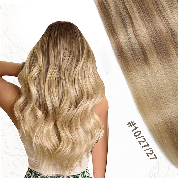 XDhair Human Hair Clip in Extensions 120g Balayage Color 10 Golden Brown to Light Blonde Highlight 27 Blonde Double Weft Clip in Hair Extensions #10/27/27 22 Inch