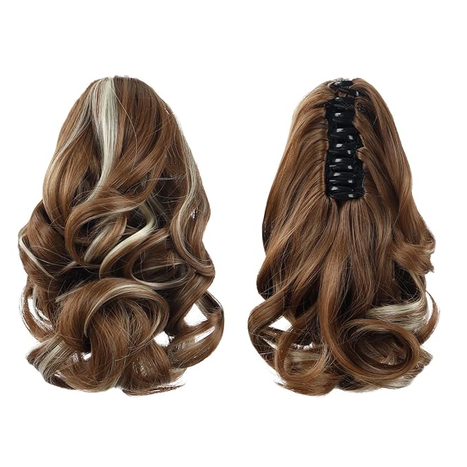 Brown Ponytail Extensions,9" Short Curly Wavy Claw Clip in Ponytails Hair Extensions Natural Soft Synthetic Hairpiece for Women