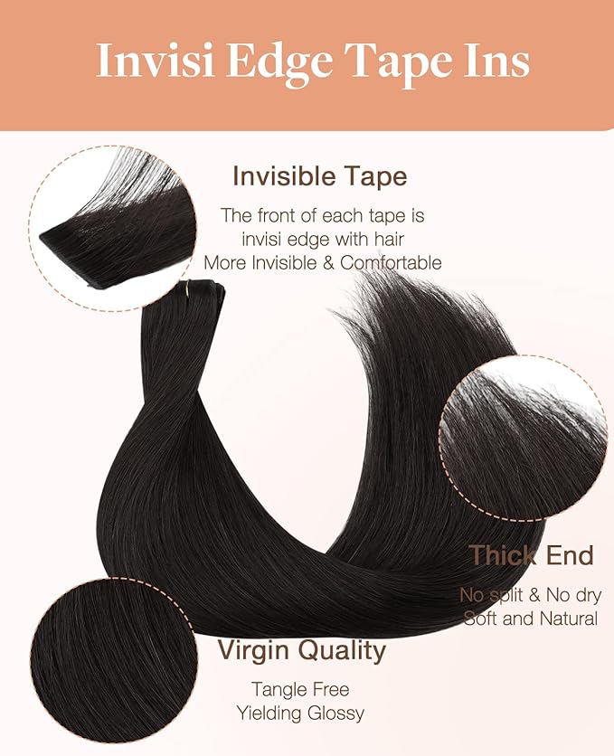 GOO GOO Invisi Edge Tape in Hair Extensions Human Hair, 1B Natural black 10pcs injected with 10pcs classical tape ins, 16inch 50g, Virgin Remy Hair, Natural Look
