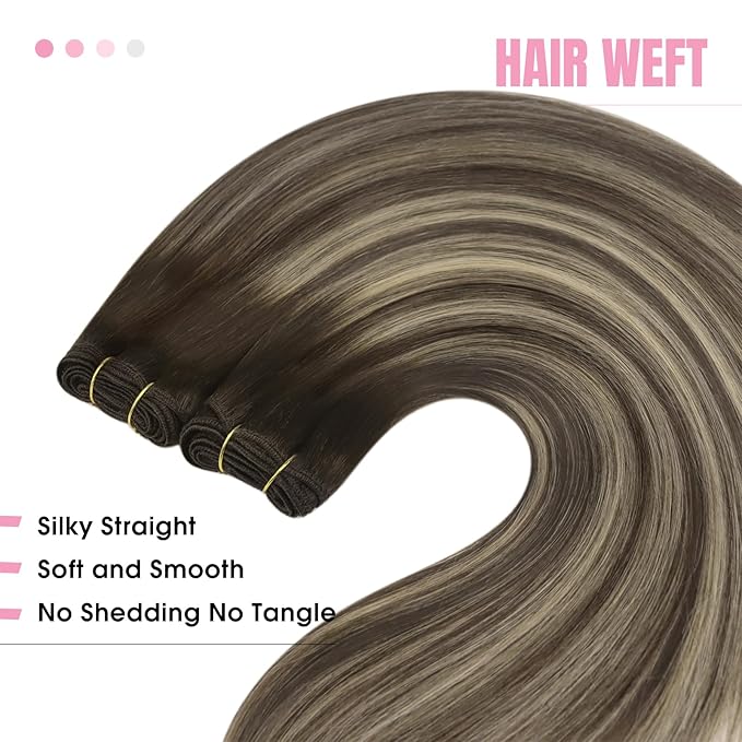 YoungSee Balayage Human Hair Sew in Extensions Chocolate Brown with Ash Blonde Balayage Weft Extensions One Piece Weft Hair Extensions Human Hair for Natural Look 22Inch 100G