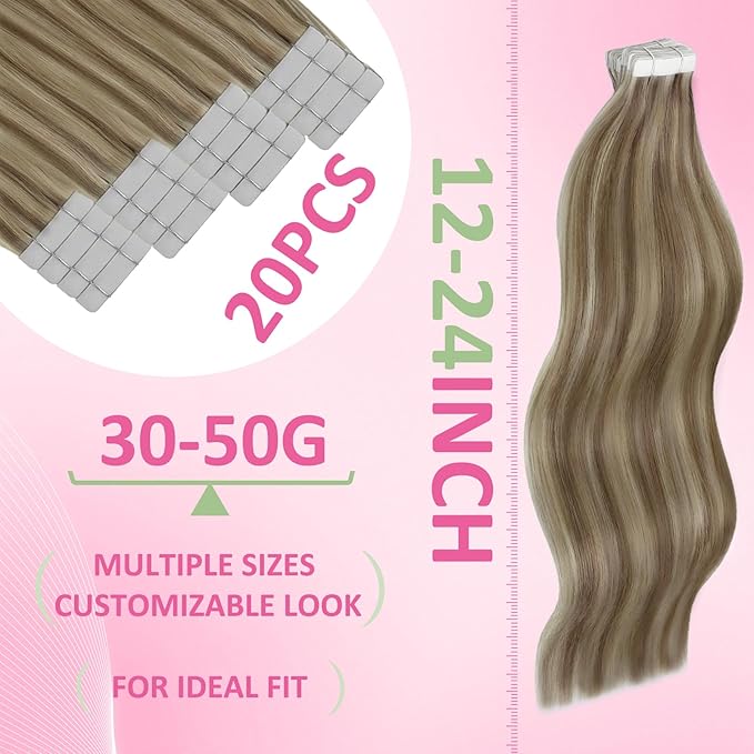 YoungSee Invisible Tape in Hair Extensions for Girls Tape ins Human Hair Extensions Light Brown Highlights Blonde Tapes Hair Extension Real Human Hair for Women Long Straight Hair 22In 20pcs 50g