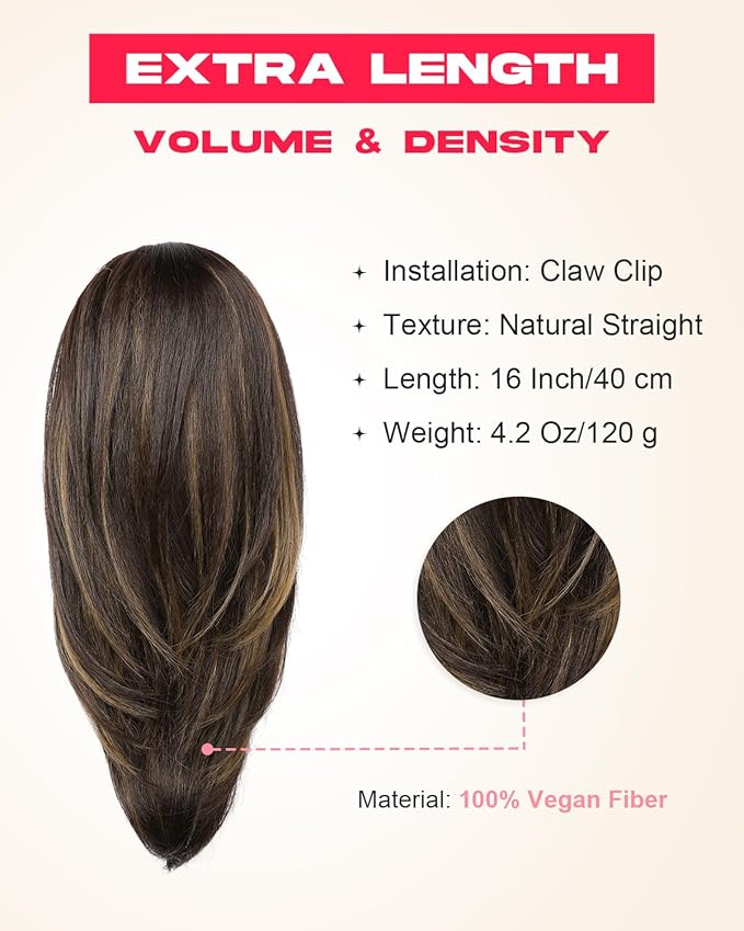 Ponytail Extension – 16” Claw Clip in Ponytail Hair Extensions Natural Soft Synthetic High Pony Tail Hairpieces for Women (Dark Brown with Highlights, 16 inch)