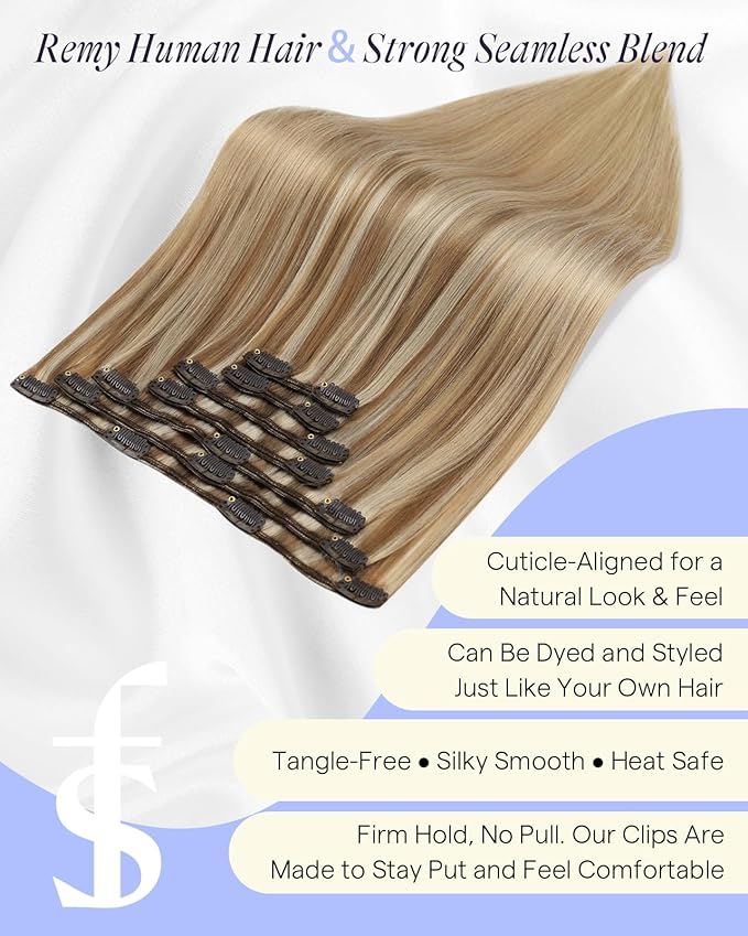 Full Shine Clip in Hair Extensions Real Human Hair Balayage Thick Hair Extensions Golden Brown to Dark Blonde Remy Hair Clip in Extensions Double Weft 7 Pcs 18 Inch 135 G
