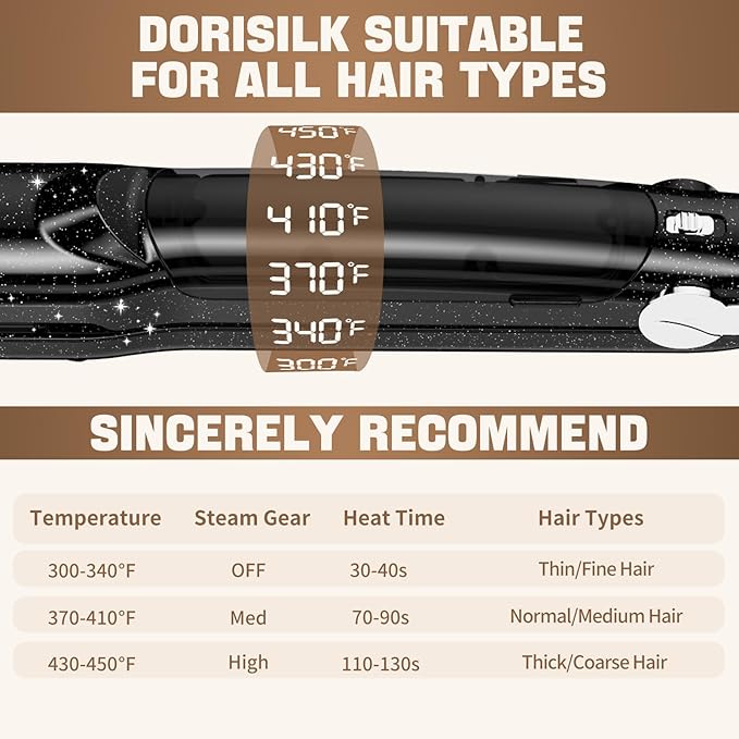 DORISILK 2.0 Upgraded Steam Straighteners for Hair, Professional Salon Ceramic Tourmaline Vapor Steam Flat Iron Hair Straightener and Curler 2 in 1 Straightening Curling Iron, Dual Voltage LED Temp