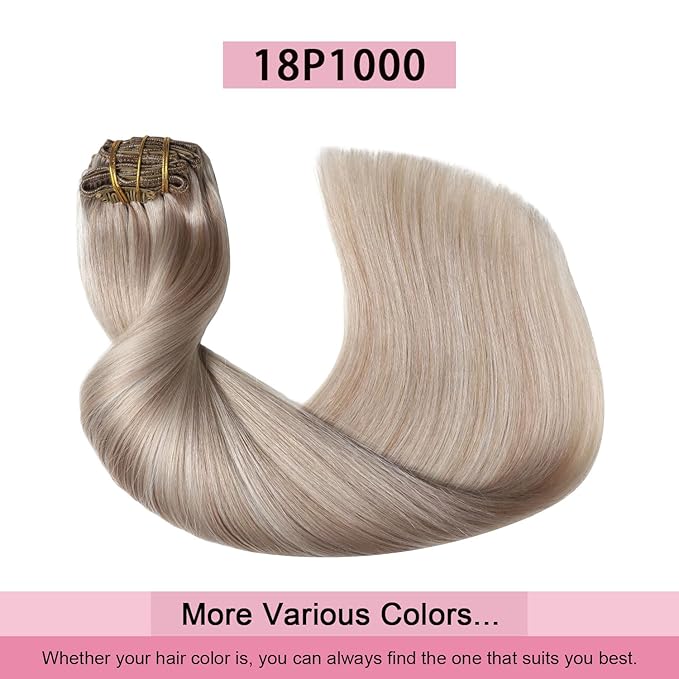 Pro2.0 Remy Clip in Extensions Real Human Hair Color #18p1000 Ash Blonde with Bleach Blonde Remy Clip in Hair Extensions Real Human Hair 18inch 120g Thick 7pcs Double Weft（#18P1000-18inch）
