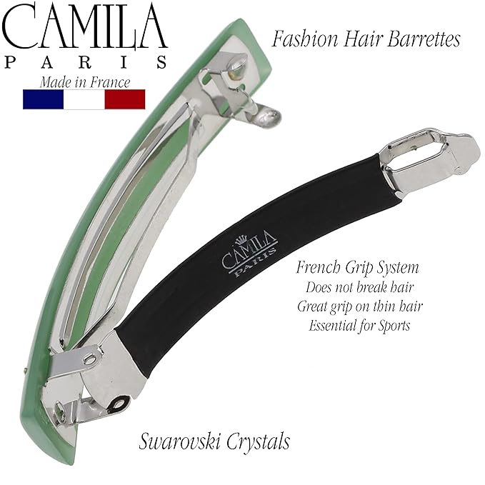 Camila Paris CP3448 French Hair Barrette Clip for Girls Green, Rubberized Metal Clasp Strong Hold Grip Hair Clips for Women, No Slip Durable and Styling Girls Hair Accessories, Made in France