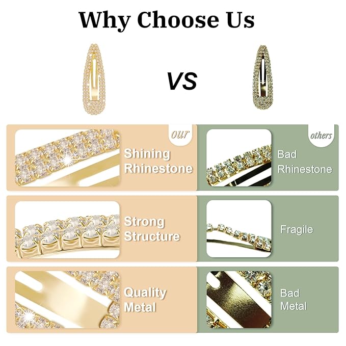 Hair Clip, 2Pcs 2.4Inch Rhinestone Hair Clips, Gold Hair Clips, Rhinestone Hair Accessories, Hair Barrettes for Women Girls Bridal, Wedding, Party, Prom