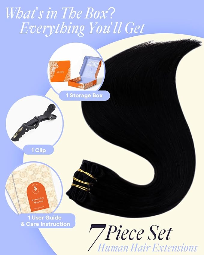 Full Shine Thick Human Hair Clip in Extensions Jet Black 28 Inch 180 G Clip in Hair Extensions for Thickness Full Head Long Length 7 Pcs