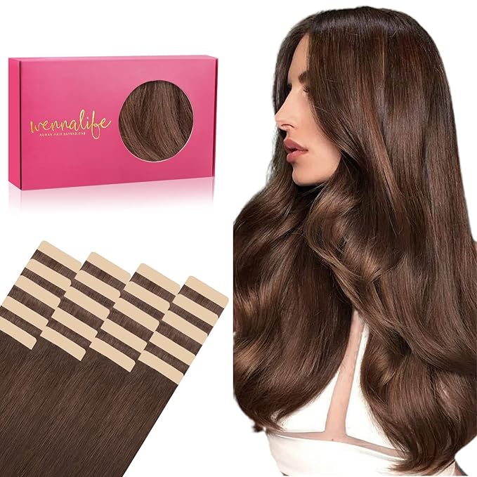 WENNALIFE Tape in Hair Extensions Human Hair, 20pcs 50g 24 inch Chocolate Brown Remy Hair Extensions Straight Human Hair Tape in Extensions Skin Weft Tape Extensions Human Hair