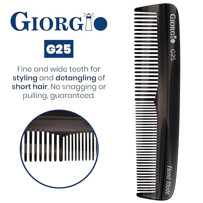 Giorgio G25 FineTooth and WideTooth Pocket Comb - Hair Styling Comb for Men and Women, Handmade Beard Combs for Men, Barber Combs, for Grooming,Saw Cut and Polished (Black Graphite)