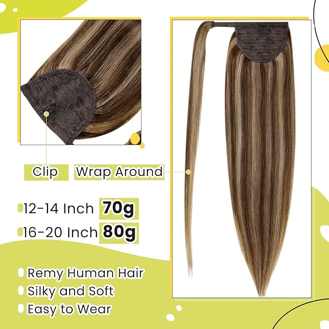 RUNATURE Ponytail Extension Real Human Hair, Wrap Around Human Hair Ponytail for Women, Natural Blends Magic Paste Ponytail for Daily Wearing, 14 Inch 70g #3P12 Walnut Brown Highlight Honey Blonde