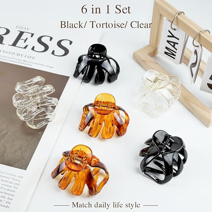 MAORULU Big Claw Hair Clips for Women and Girls, Strong Hold, 6 Packs (Black, Clear, Tortoise)