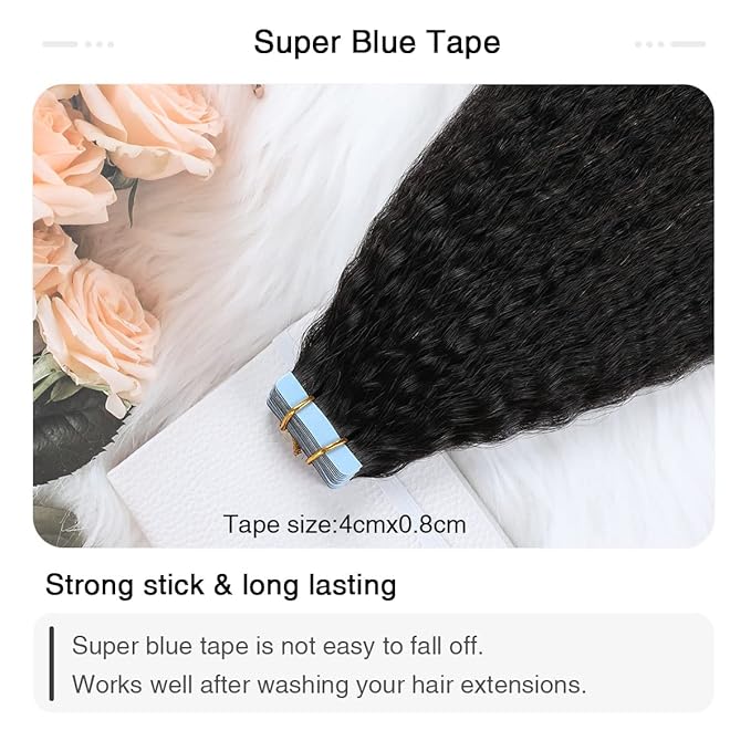 SUYYA Kinky Straight Tape in Extensions Natural Black Tape in Hair Extensions Human Hair Kinky Straight 18 Inch Skin Weft 50g/Pack 20PCS Tape INS for Women(#1B Natural Black)