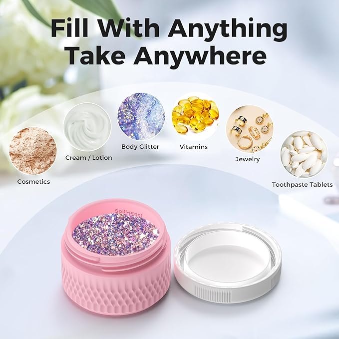 BPA Free Silicone Cream Jars - 2oz TSA Approved Travel Size Containers, Leak-proof with Lid for Cosmetic, Face, Hand, Body Glitters