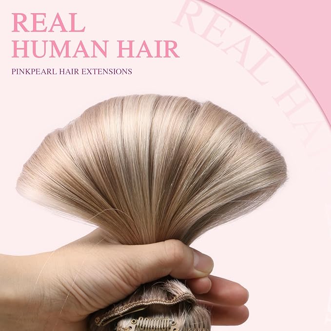 PINKPEARL Clip in Hair Extensions #18P1000 Ash Blonde Highlighted Gray Blonde 7pcs 16 Inch 120g Real Remy Hair Extensions Clip in Human Hair(#18P1000-16)