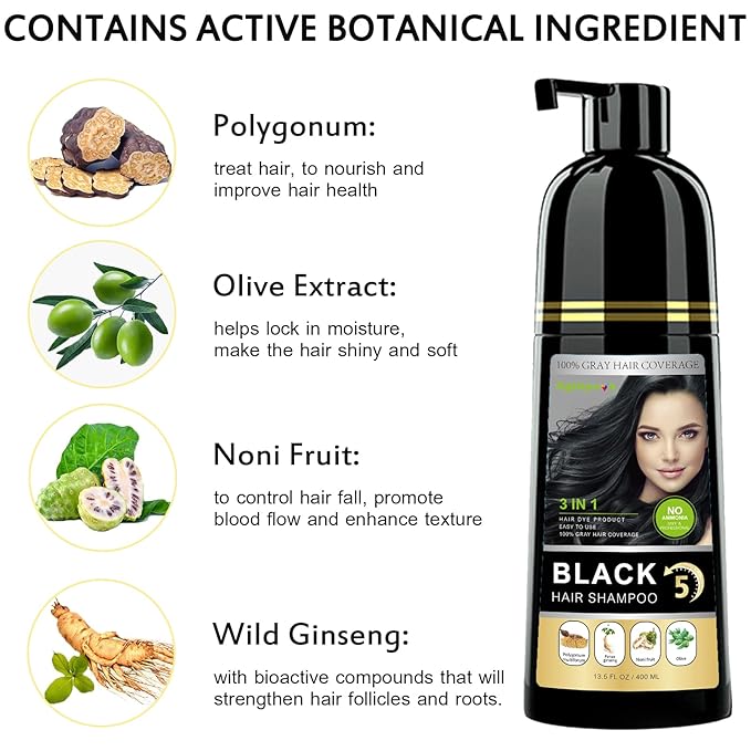 Instant Black Hair Shampoo, 3 in 1 Natural Hair Dye Shampoo with Herbs, Cover Greys Hair for Men & Women, Permanent Hair Color - Ammonia Free 400ml (Black)