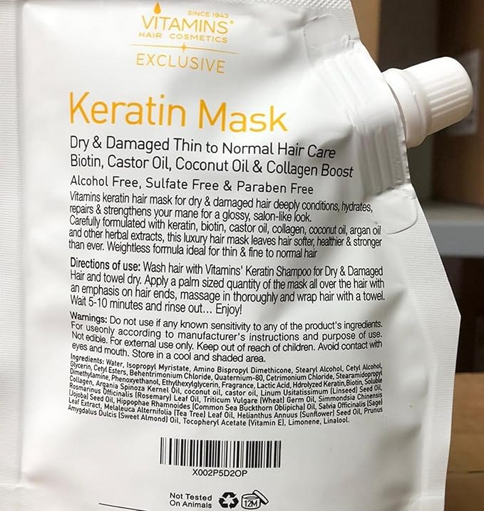 VITAMINS hair cosmetics Keratin Hair Mask Deep Conditioner Value Pack - Protein Repair Boost for Dry Damaged and Color Treated Hair - Pro Conditioning Treatments (Travel and Standard Size)