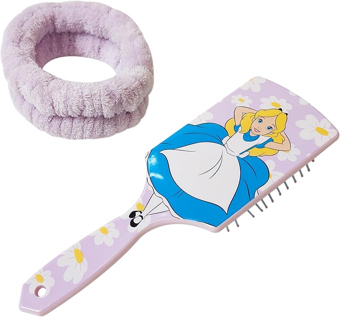 LUV HER Kids Hair Brush & Spa Headband Set for Girls - Features Disney Alice in Wonderland - Fun Grooming Kit for Detangling, Styling & Skincare - Soft & Stretchy One Size, Ages 3+