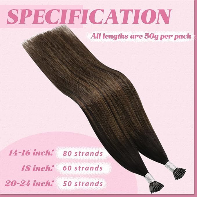 YoungSee I Tip Hair Extensions Ombre Brown I Tip Hair Extensions Human Hair Balayage Dark Brown with Brown Itip Human Hair Extension 18 Inch Ombre Pre Bonded Hair Extension Silky Straight 60s 50g