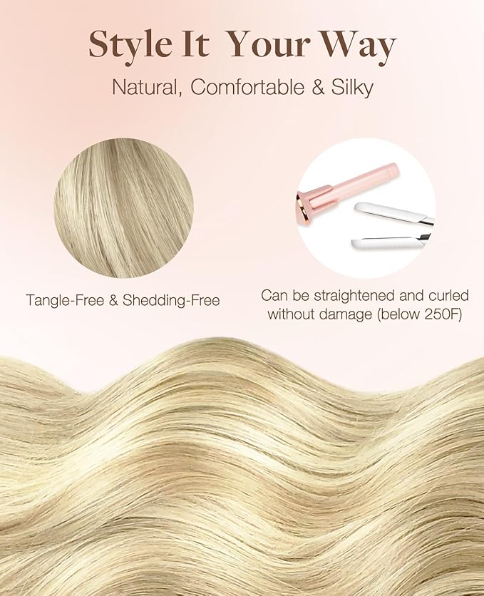GOO GOO Invisi Edge Tape in Hair Extensions Human Hair, 17A/60A Ash Blonde Highlighted Platinum Blonde, 20pcs 24inch 50g, Virgin Remy Hair, Seamless Injected Tape, Natural Look