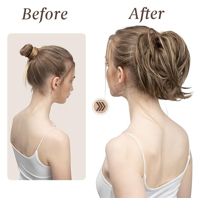 SARLA Messy Hair Bun Hair Pieces Curly Synthetic Updo Fake Scrunchies Ponytail Extension for Women Dirty Blonde 1PCS