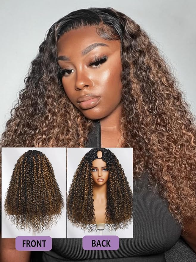 YIROO EasiContour V Part Wigs Ombre Brown Glueless Human Hair Upgrade U Part Wig with Dark Roots Highlight V Shape Clip Wigs Beginner Friendly with Drawstring Ready to Wear Chestnut Brown Color 14Inch