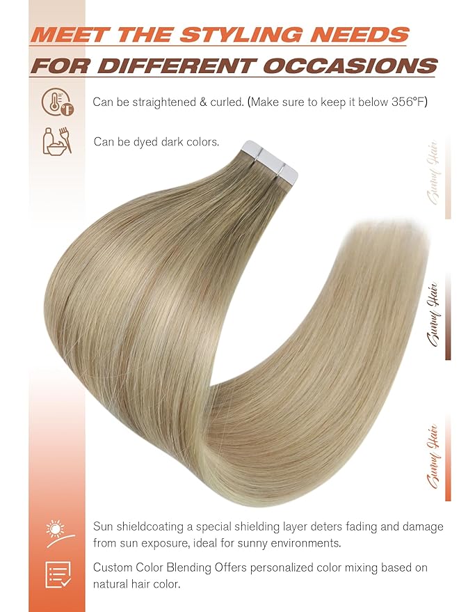 Sunny Hair Tape in Hair Extensions Real Human Hair Invisible Remy Hair Extensions Tape ins for Women Ash Blonde Root to Platinum Blonde Balayage 22 inch 20Pcs 50G
