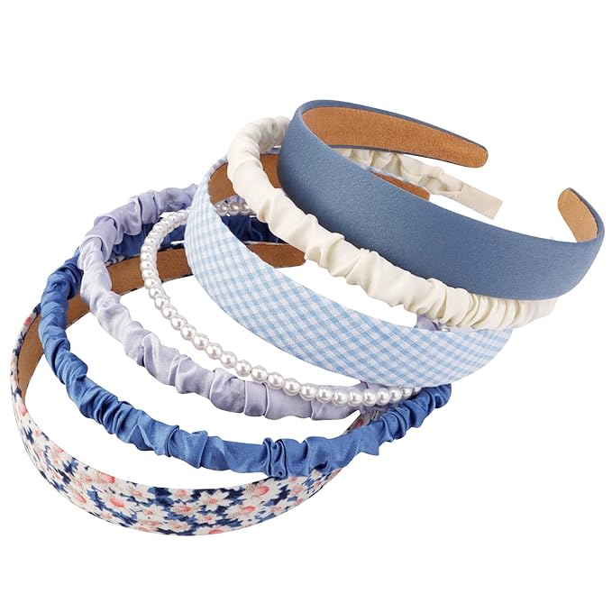 VELSCRUN 7 Pcs Different Headbands for Women Fashion Blue Solid Head Bands Pearl Headband Non Slip Hair Band for Womens Thin Thick Short Hair Face Wash Hair Accessories Gifts for Women Gilrs
