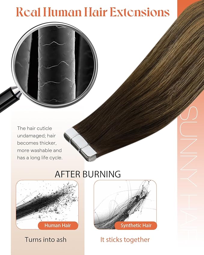 Sunny Hair Tape in Extensions for Women Real Hair 14 inch 100g Tape in Hair Extensions Human Hair Dark Brown Balayage Caramel Blonde Hair Extensions Tape in 40Pcs