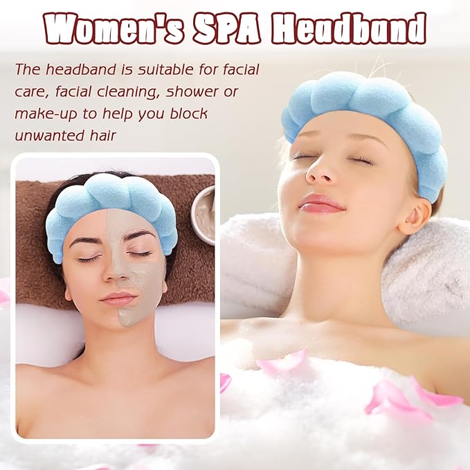 Zkptops Spa Headband for Washing Face Wristband Set Sponge Makeup Skincare Headband Terry Cloth Bubble Soft Get Ready Hairband for Women Girl Puffy Padded Headwear Non Slip Thick Hair Accessory(Blue)