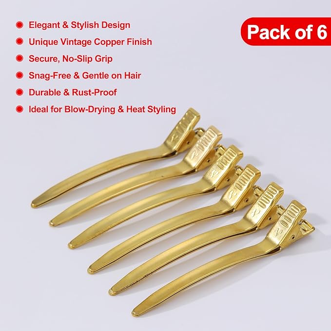 PERFEHAIR 6 Pcs Duckbill Alligator Hair Clips for Women - Metal Sectioning Clips with Strong Grip for Styling, Coloring, Sturdy Duck Bill Clips for Holding Rollers & Setting Curls (Copper)