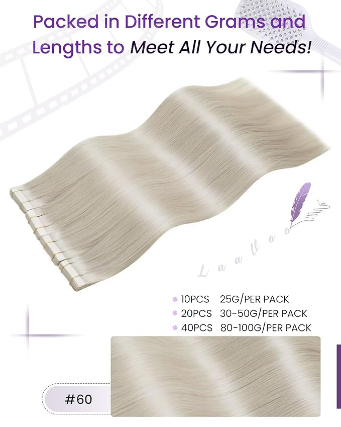 LaaVoo Blonde Tape in Hair Extensions Human Hair 24 Inch Tapes in Human Hair Extensions Platinum Blonde Hair Extensions Tape ins Human Hair for Women 20pcs 50g
