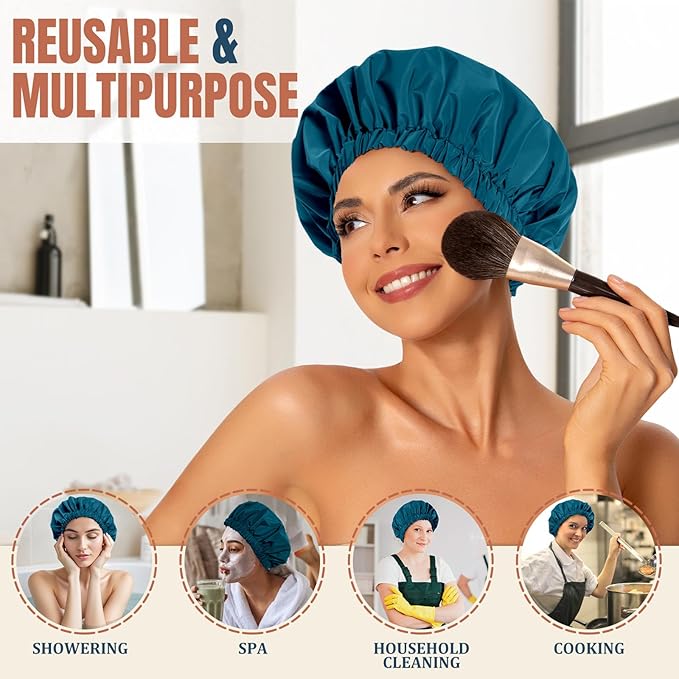 Reusable Shower Cap for Women, Stylish Large Waterproof Shower Bonnet Washable Wide Elastic Band Hair Cap for Long Hair, Braids Bath Hat(Blue Zircon)