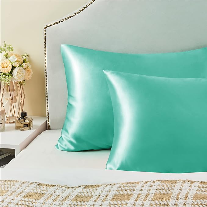 BEDELITE Satin Pillowcase for Hair and Skin, Super Soft and Cooling Similar to Silk Pillow Cases 2 Pack with Envelope Closure, Gift for Women Men(20"x36" King Size, Turquoise)