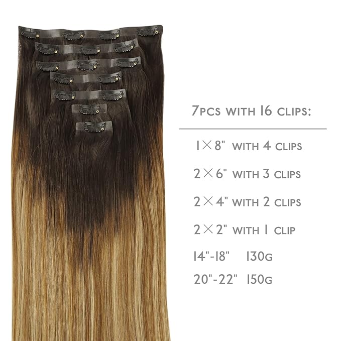WENNALIFE Seamless Clip In Hair Extensions, 22 Inch 150g 7pcs Dark Brown to Chestnut Brown and Dirty Blonde Hair Extensions Clip in Human Hair Invisible PU Skin Weft Remy Human Hair Extensions