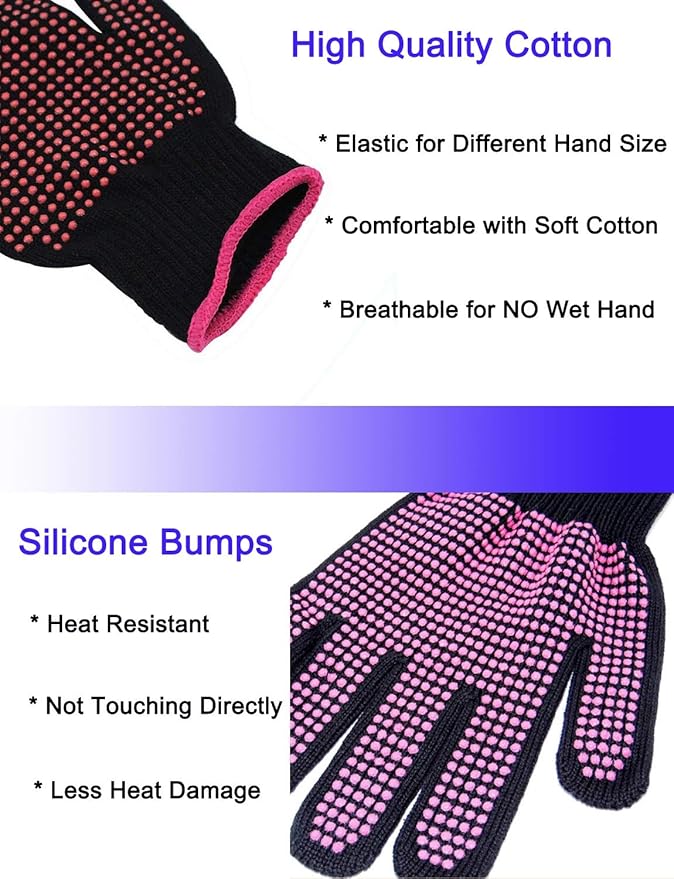 Heat Resistant Glove for Hair Styling, Curling Iron, Flat Iron and Curling Wand, Pink Edge, Silicone Bump, 1 Piece