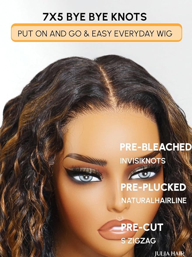 Julia Hair Ombre Brown Water Wave Glueless Wig Human Hair 7x5 HD Lace Closure with Invisible Drawstring Pre Plucked Bleached Highlight Balayage Colored Curly Wigs Put On And Go 16 Inch