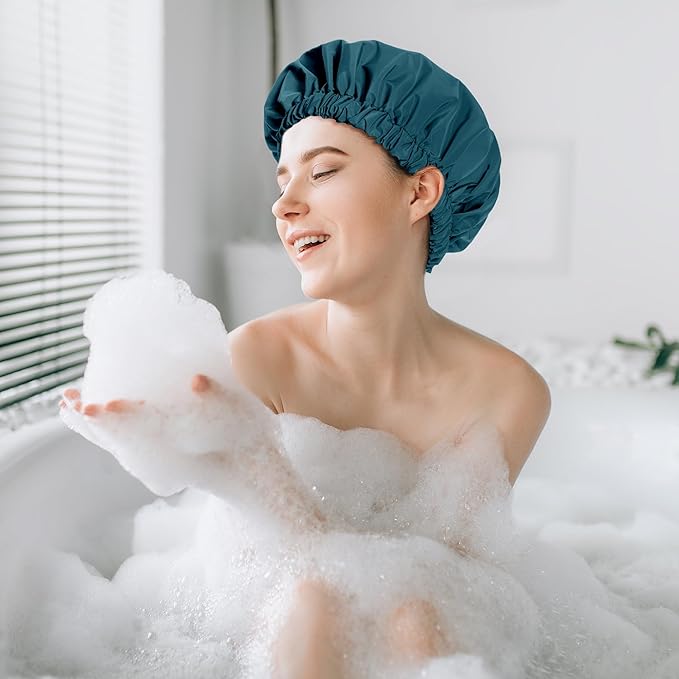 Reusable Shower Cap for Women, Stylish Large Waterproof Shower Bonnet Washable Wide Elastic Band Hair Cap for Long Hair, Braids Bath Hat(Bamboo Moon Blue)