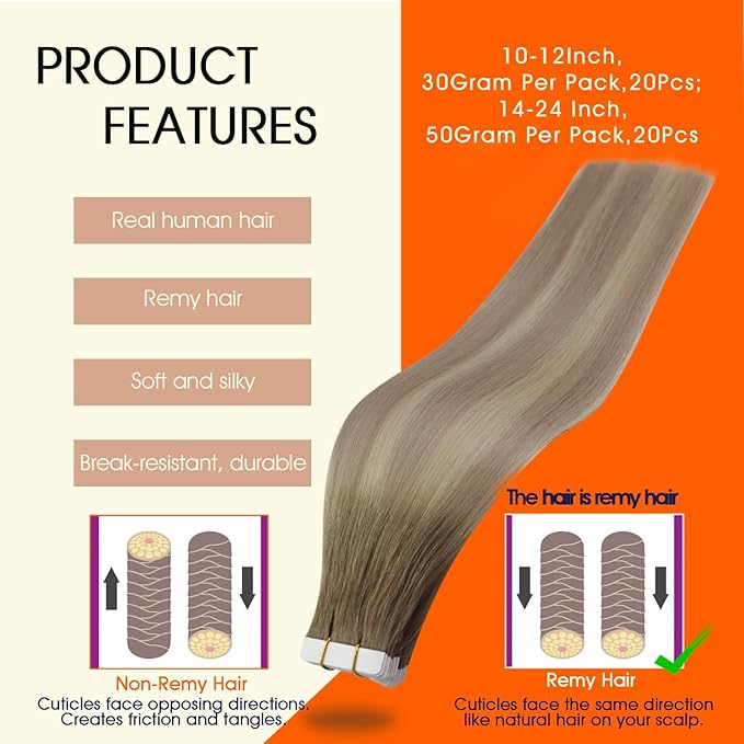 Full Shine Remy Tape in Hair Extensions Color 8 Ash Brown Ombre 60 Blonde And 18 Ash Blonde 18Inch Hair Extensions Real Human Hair Tape in 50Gram 20Pcs Add Length Seamless Natural Straight