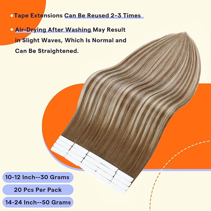 Full Shine Tape in Extensions 16 Inch Color 6 Brown Fading to 6 and 60 Blonde Invisible Double Sided Remy Tape Ins Human Hair Extensions 50 Grams Straight Seamless Soft and Silky 20 PCS for Wedding