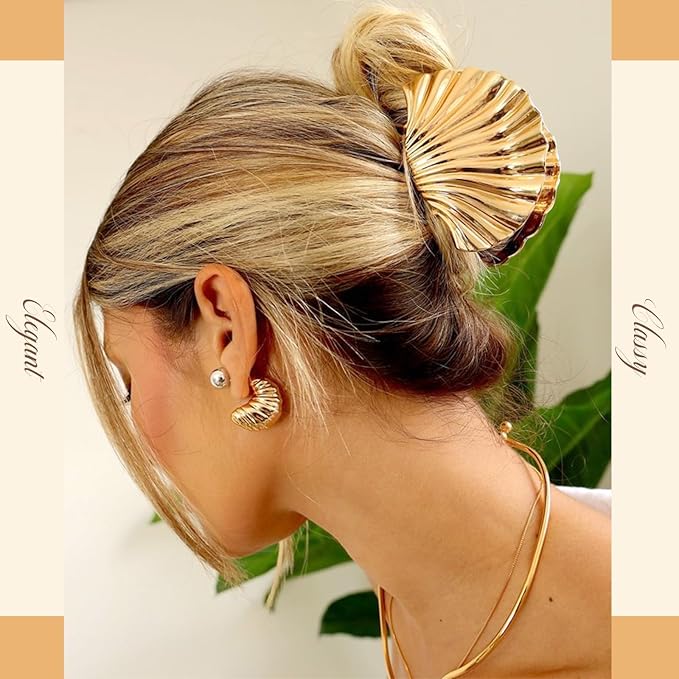 2 PCS Metal Hair Clips for Women, Durable & Elegant Seashell Gold Hair Clips for Styling, Metal Claw Clips for Thick Thin Hair, Strong Hold Decorative Hair Accessories Holiday Christmas Gifts