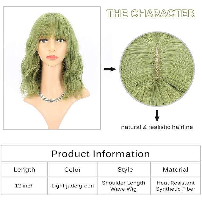 FAELBATY Green Wave Bob Wigs With Bangs Synthetic Cosplay Wig for Girl Shoulder Length Wig for women Costume Wigs(12" Light Jade Green)
